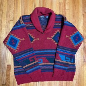 Men's Turtleneck Sweater in Red and Blue Geometric Pattern
